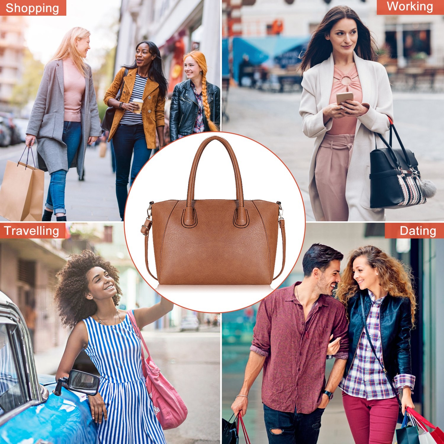 Caramel Brown‌ Handbag Shoulder Bag PU Leather Zipper Tote Bag Satchel for Women
