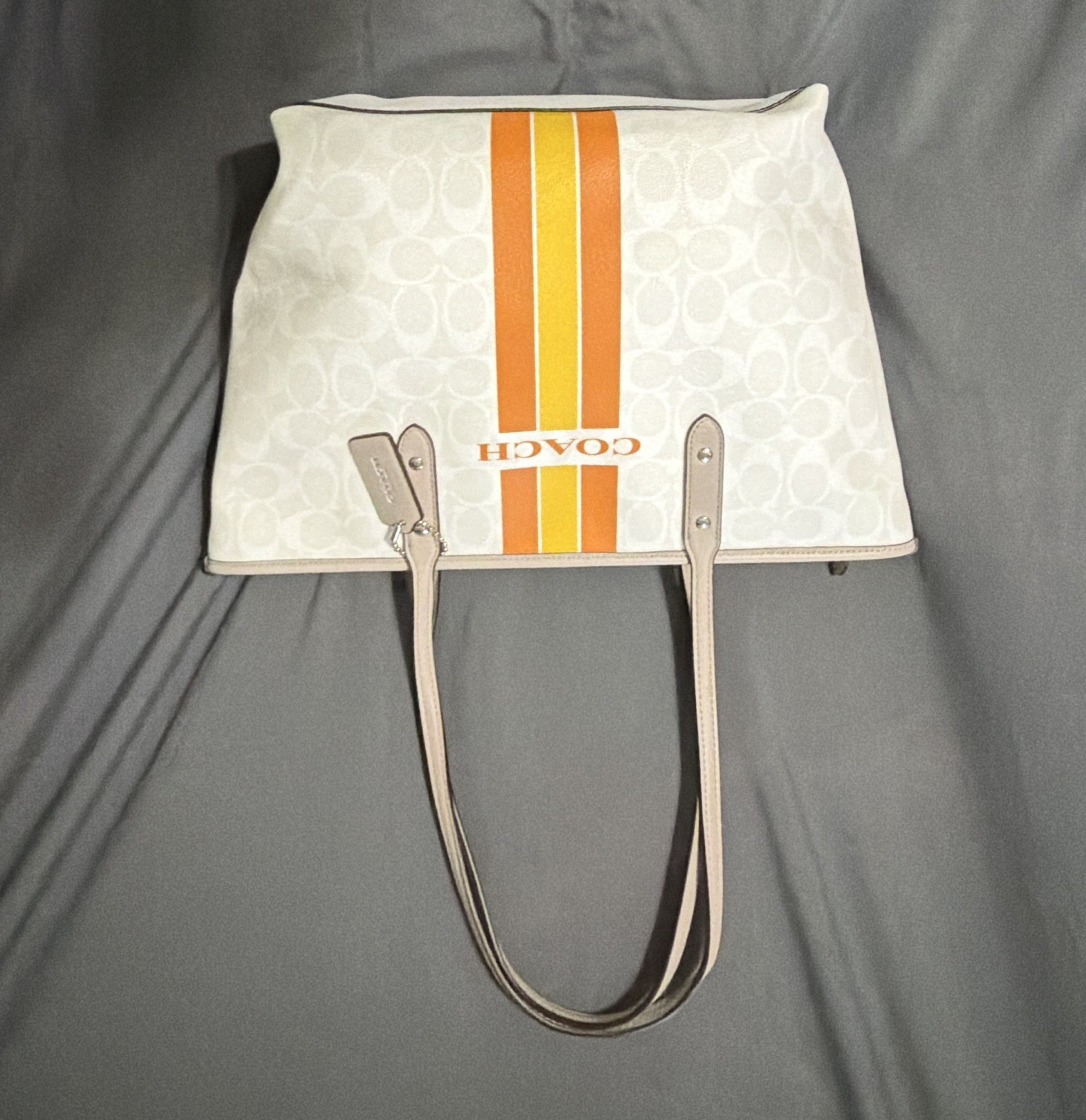Coach Signature Logo Large Tote Bag White/Beige Orange Yellow Stripe Zip Top