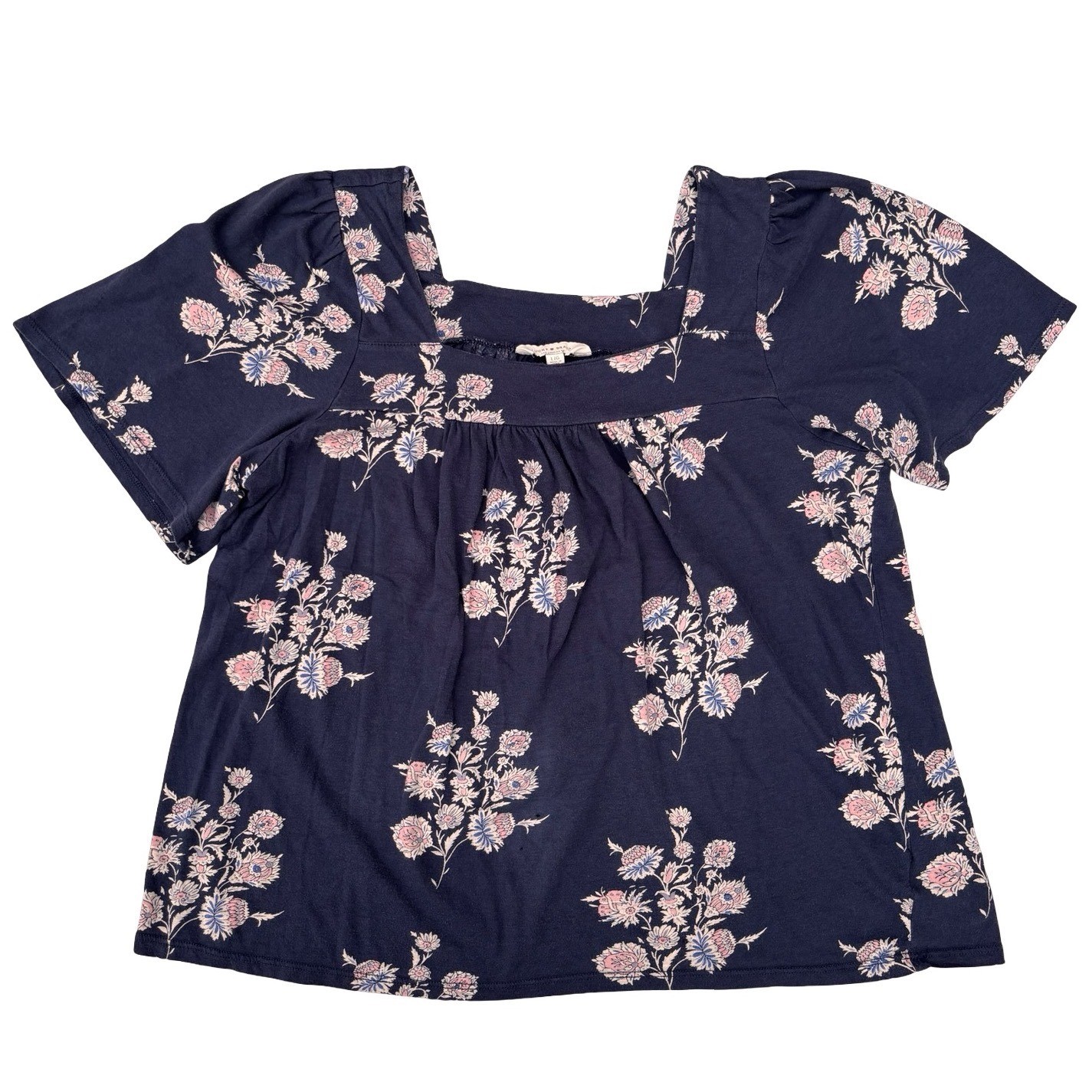 Lucky Brand Floral Blouse Womens Large Navy Blue Square Neck Boho Top