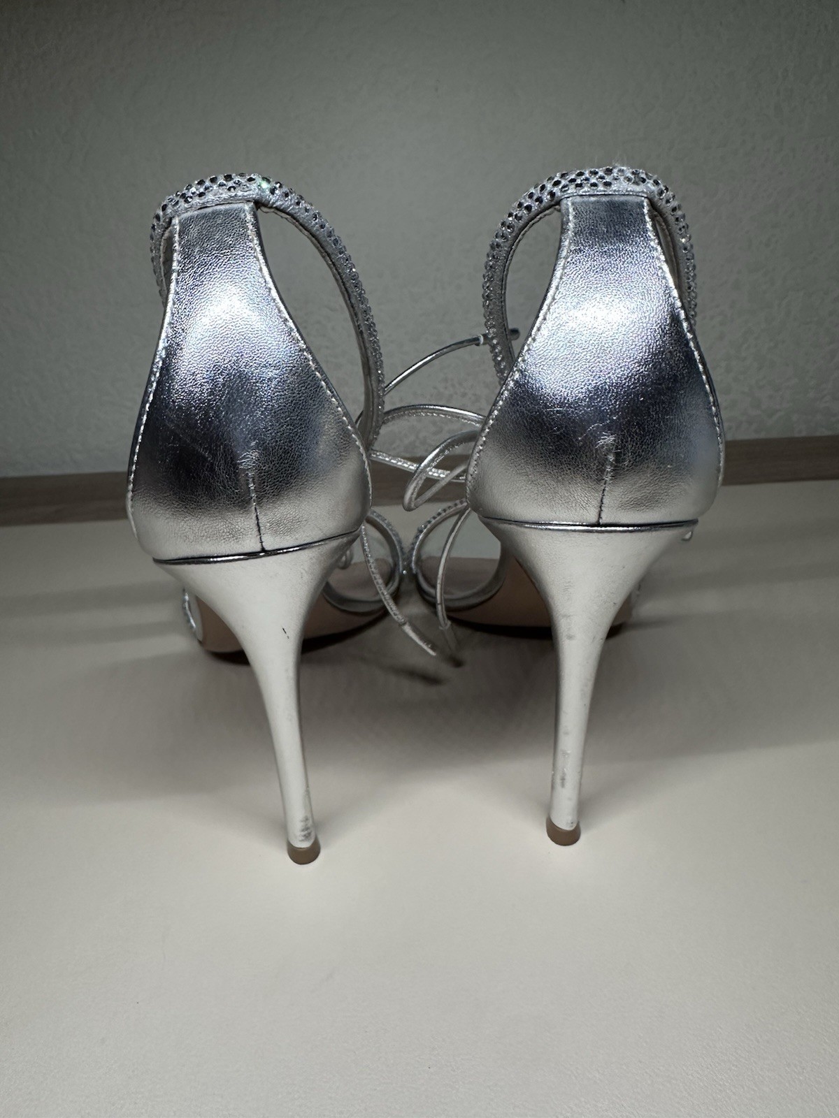 Authentic Gianvito Rossi Silver Crystal Ankle Wrap Heels EU 41 US 10 Box