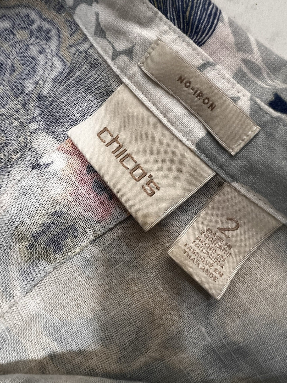 Chico’s Linen Blend Button-Up with Soft Blue Floral Print