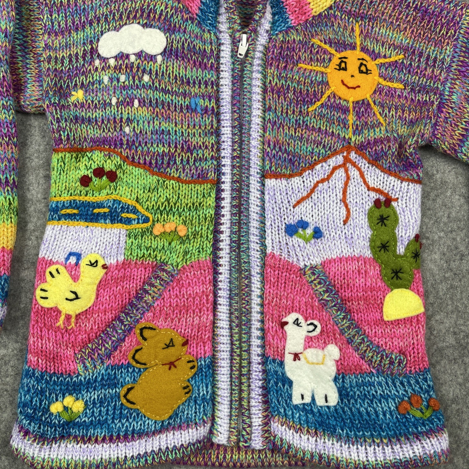 Native Creation Kids Knit Hooded Cardigan Sweater Peru Animals Farm Scene Size M