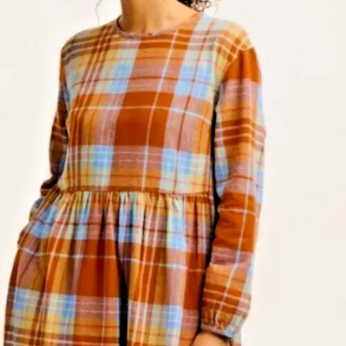 Lucy & Yak Maeve Midi Dress – Rust Terracotta Blue Plaid UK 20