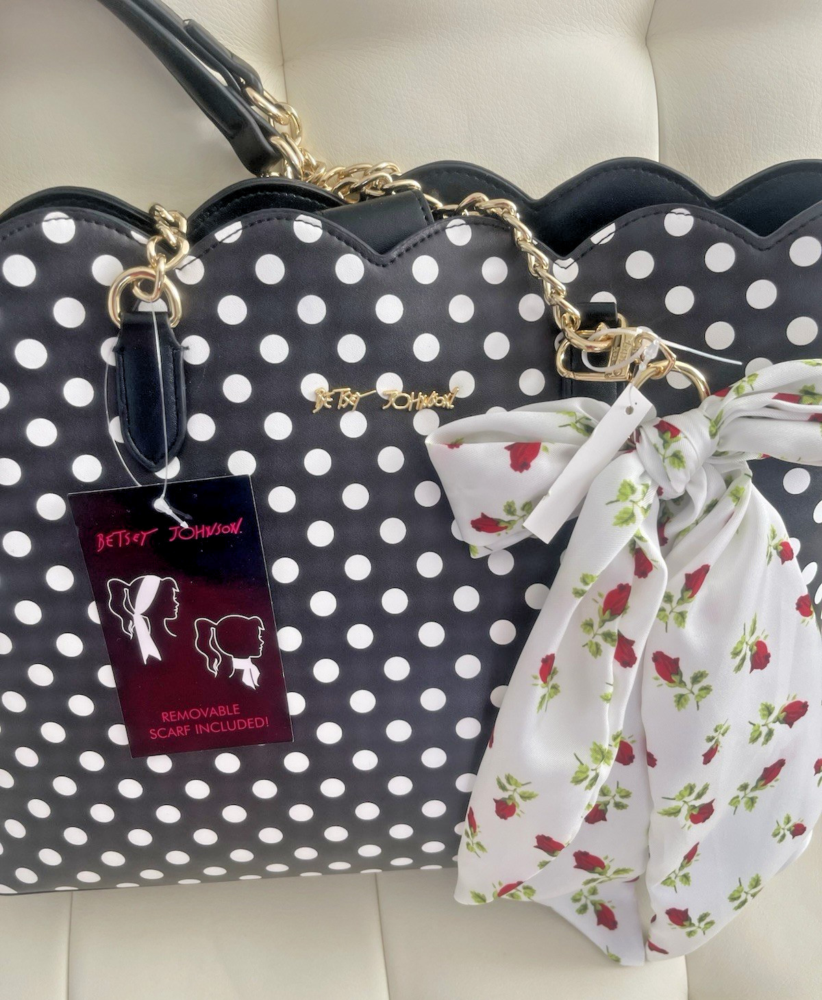 Betsey Johnson XO Tote Black/White Polka Dots Shoulder Bag Purse NWT