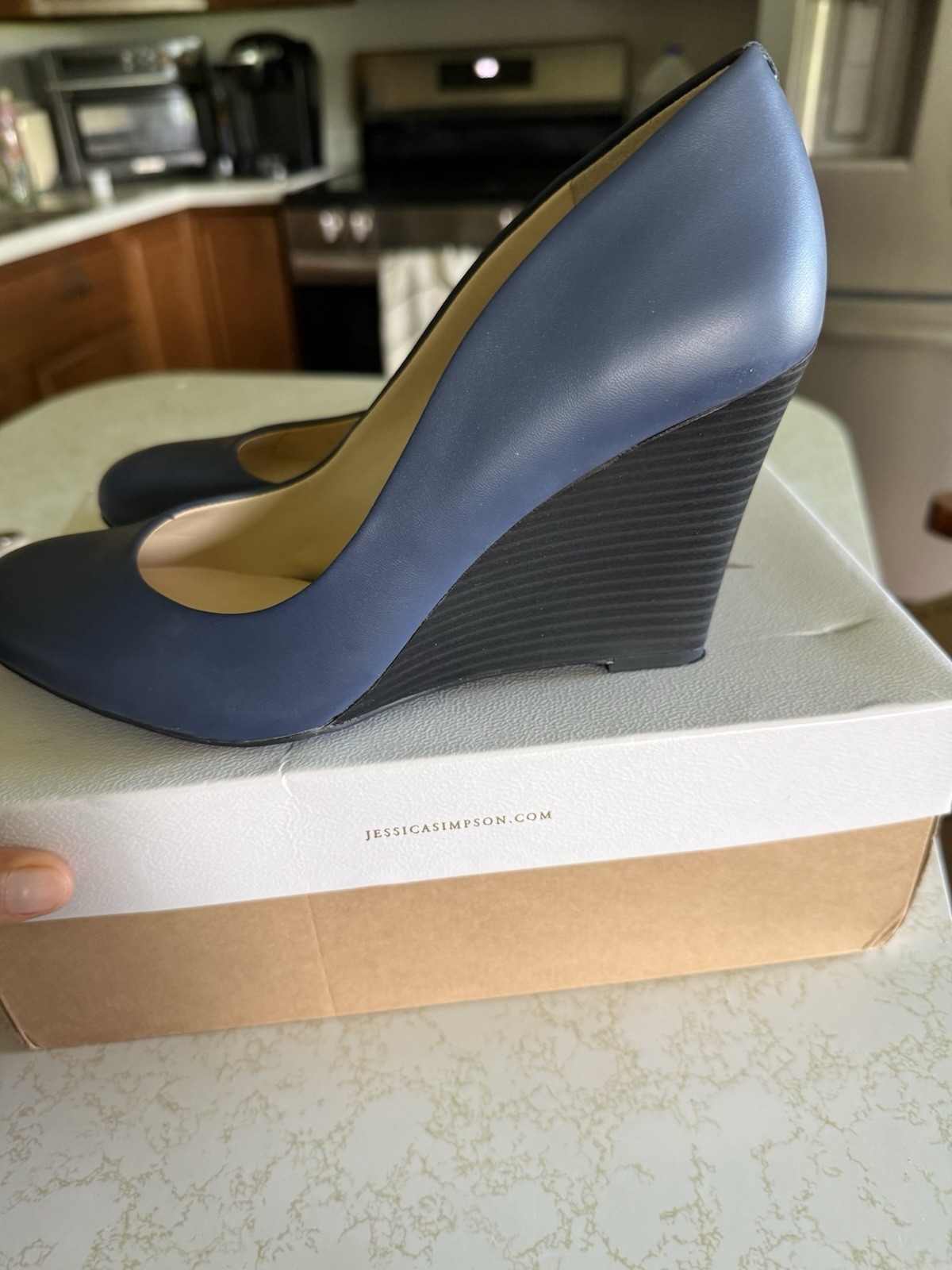 Jessica Simpson Women’s Blue Leather Wedge Pump Heels Round Toe Slip On 9M
