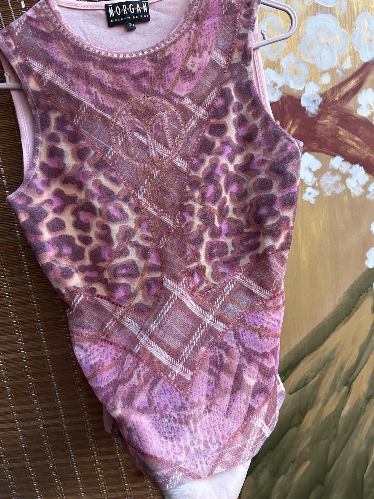Vintage Y2K Morgan de Toi Pink Sheer Mesh Leopard Print Tank Top Sz 1
