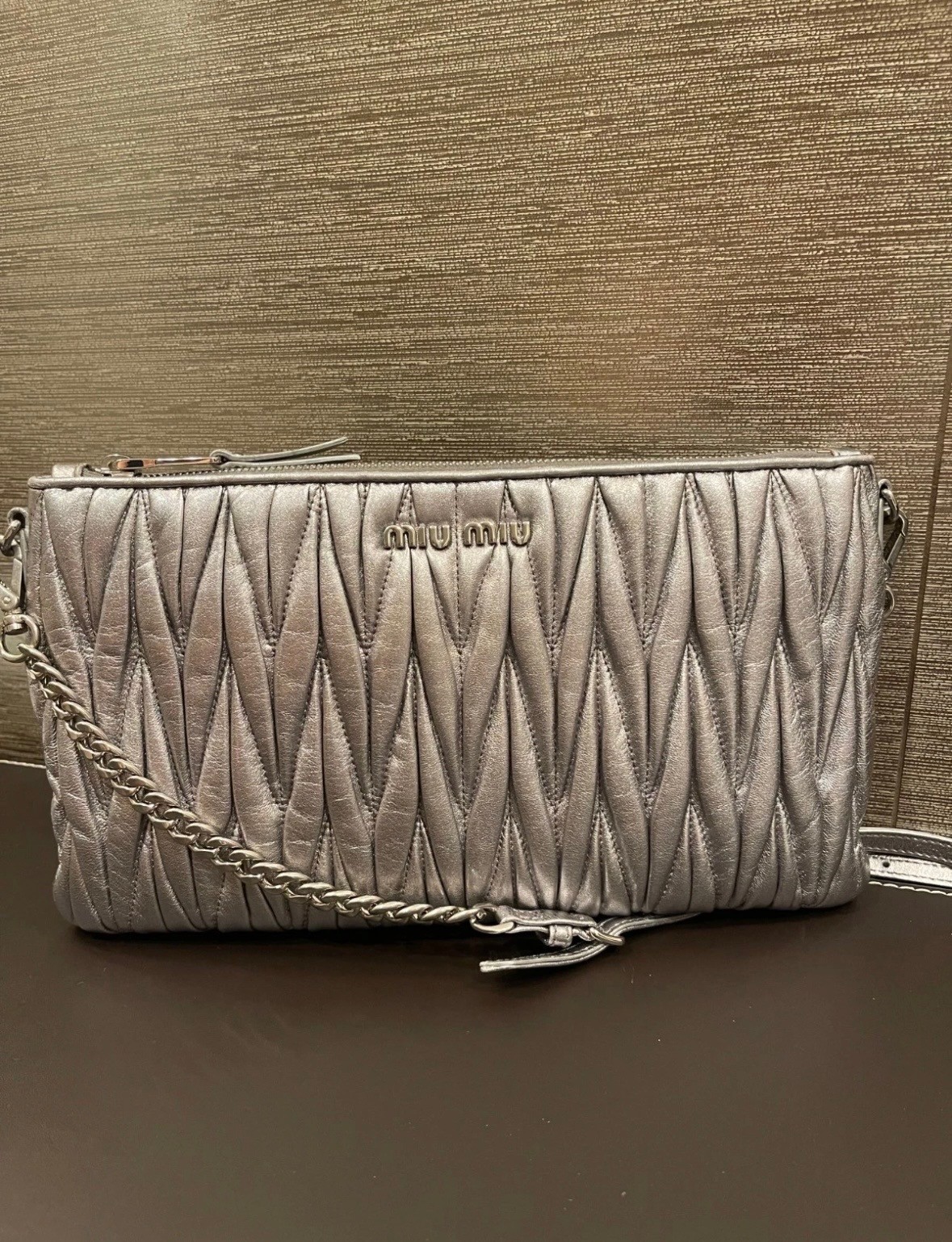 Silver Miu Miu Matelasse Metallic Leather Clutch or Crossbody Bag