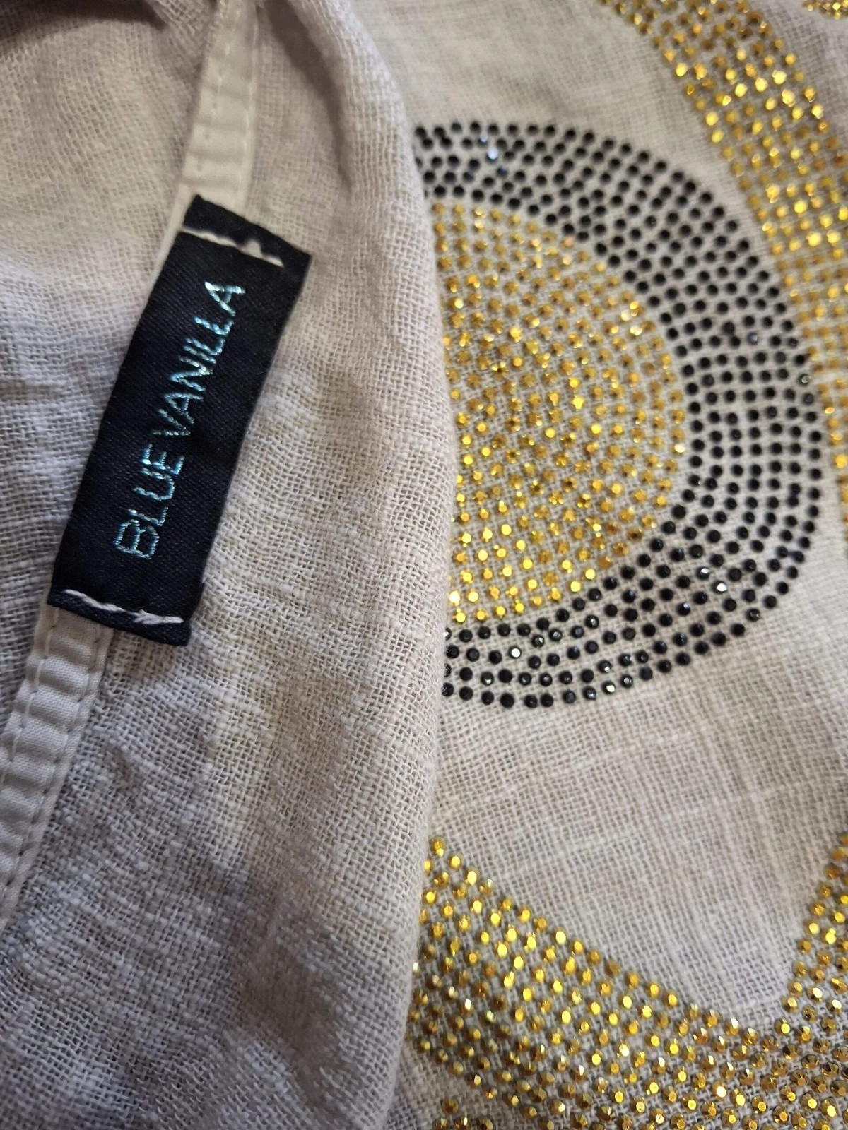 BLUE VANILLA Grey Cotton Boho Tunic Gold Rhinestone Evil Eye Top Summer Beach OS