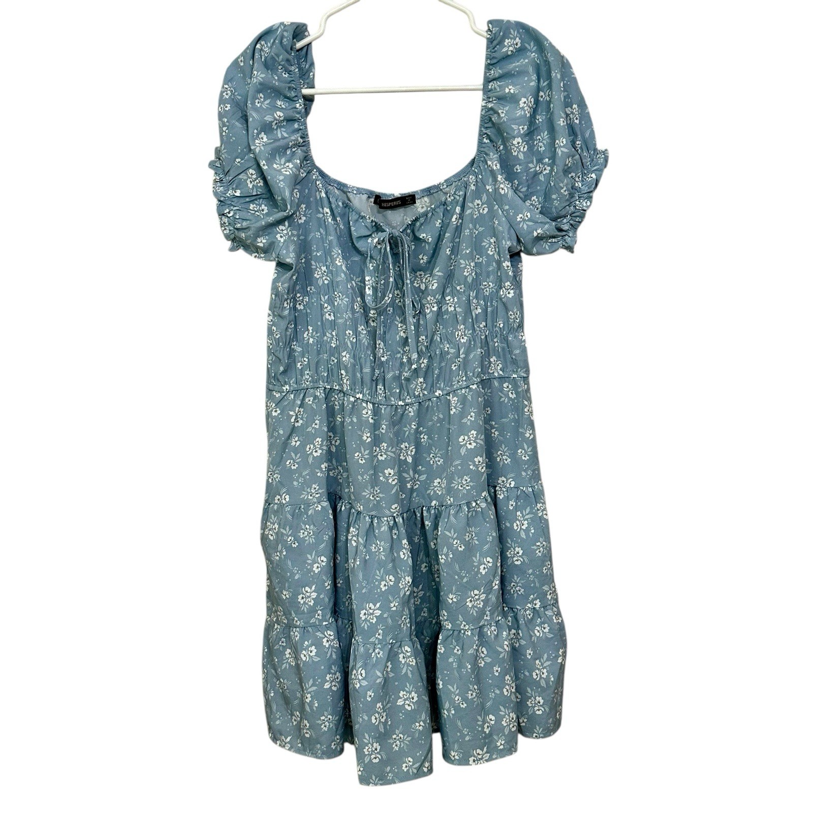 Hesperus Floral Mini Dress Sz L Light Blue Tiered Milkmaid Peasant Boho Summer