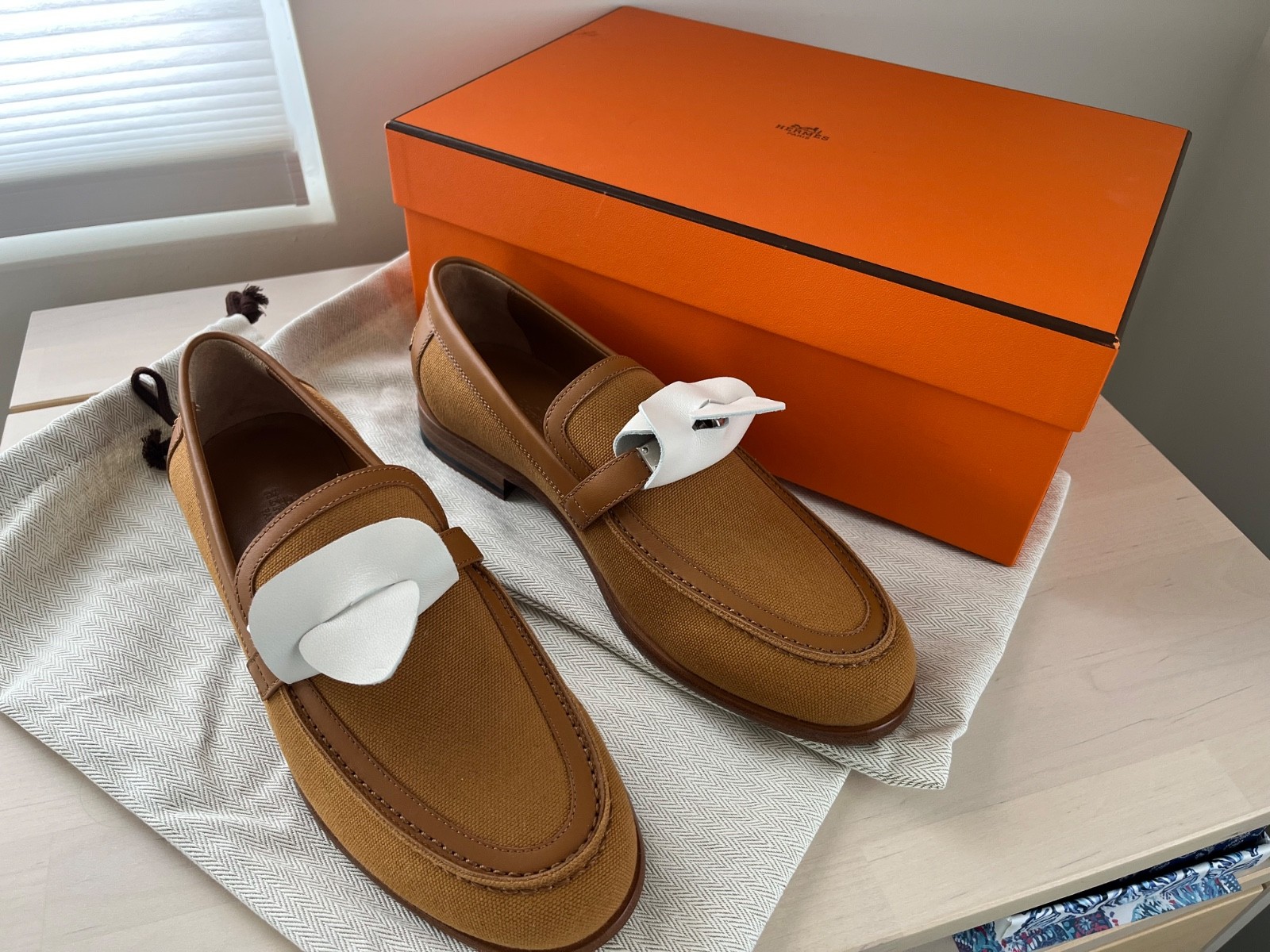 NIB Hermes Destin Loafer Toile/Veau Leather Naturel/Beige Dore 38