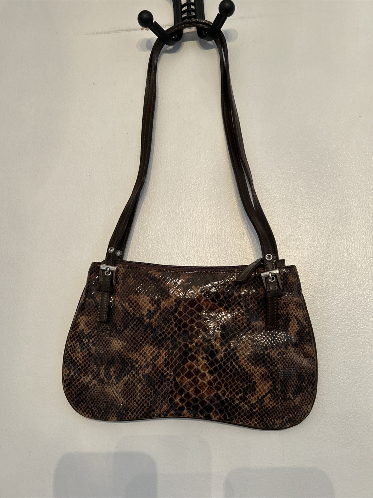 Vera Pelle Italy Brown Snakeskin Purse Leather DoubleHandle Shoulder Bag 10.25”W