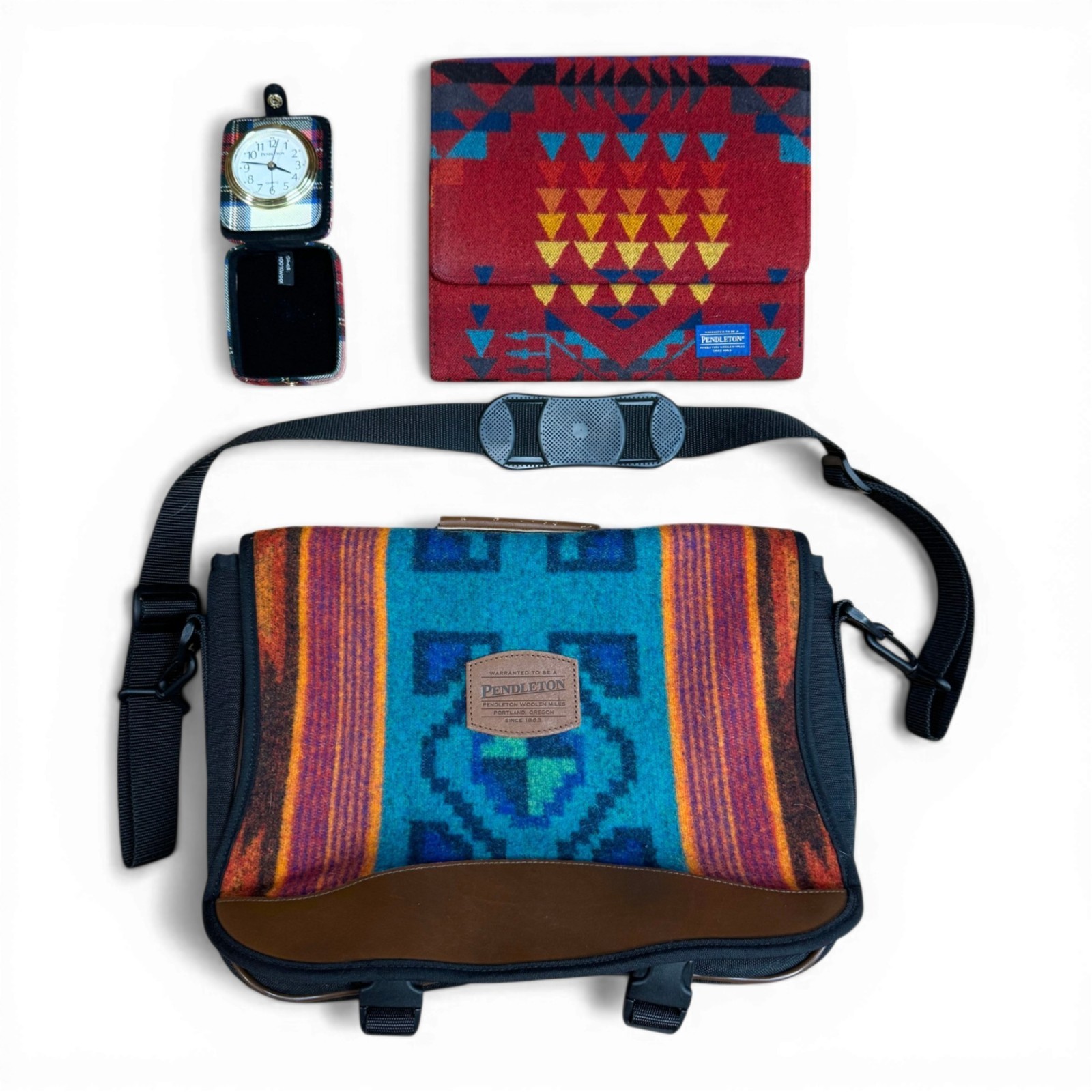Pendleton Wool Messenger Bag, Portfolio Case, Tartan Travel Clock Lot USA