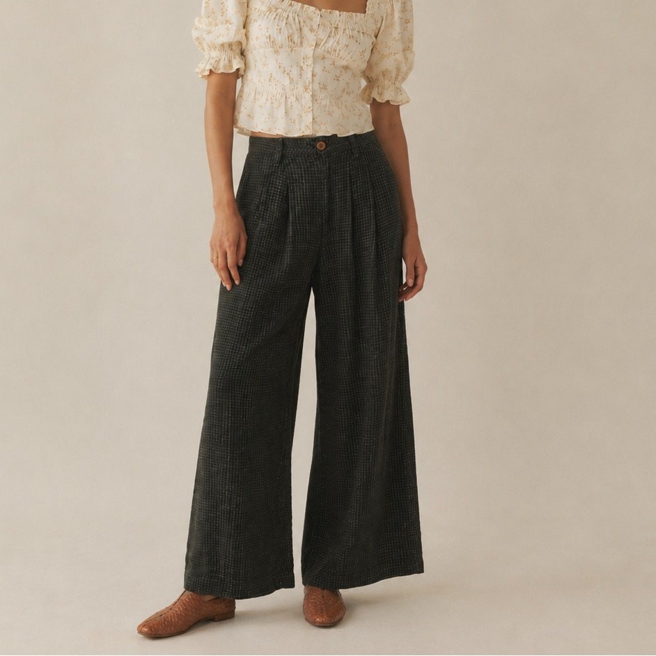 Christy Dawn Women’s Wide Leg Pleated Pants Green check size Large
