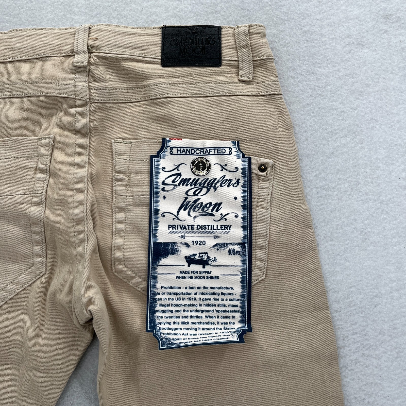 Smugglers Moon Jeans Mens 34×32 Khaki Beige Denim Button Fly Roll Up Distressed