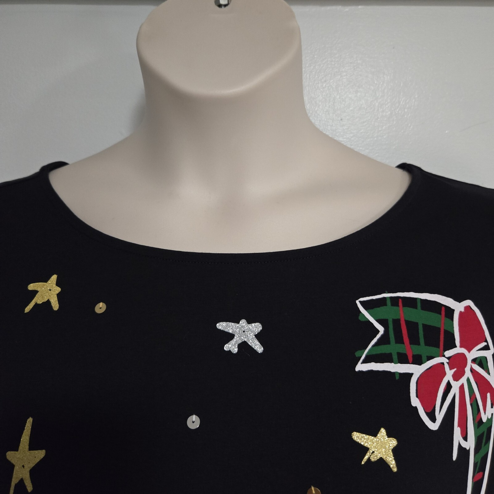 Ruby Rd. Plus Size 1X Black Holiday Ribbon Bows Stars Top