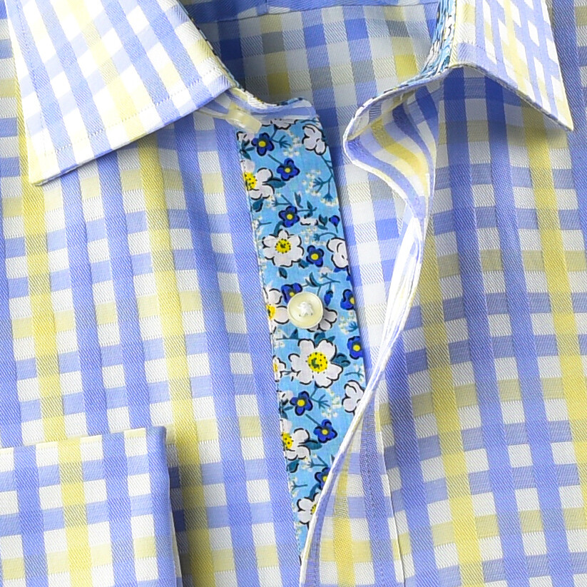 Mens Blue & Yellow Check Formal Business Dress Shirt Italian Floral Daisy Inner
