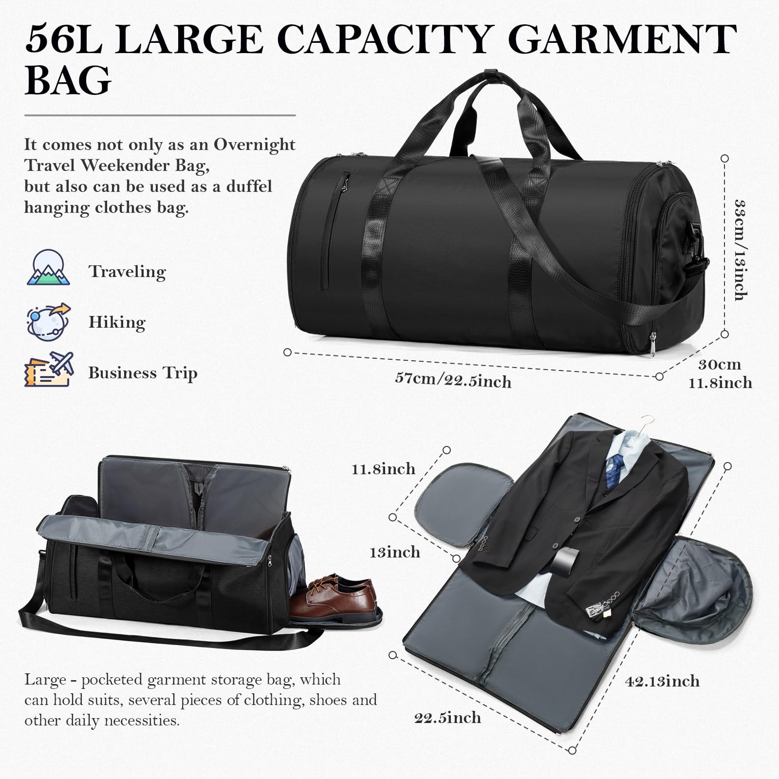 Convertible Garment Bags for Travel Carry On Bag For Men Women Black