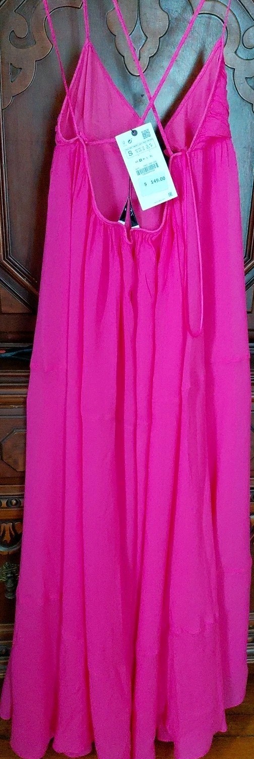 Zara S Hot Pink Fushia Chiffon Flowy Maxi Dress Blogger Open Back NWT $149 Vaca