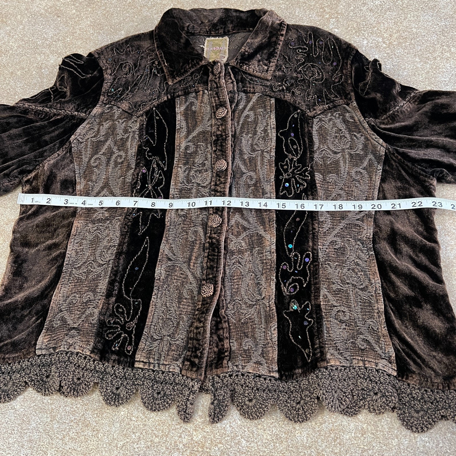 Whimsigoth Gothic Flashback Jacket 2X Brown Velvet Lace Embroidered Patchwork