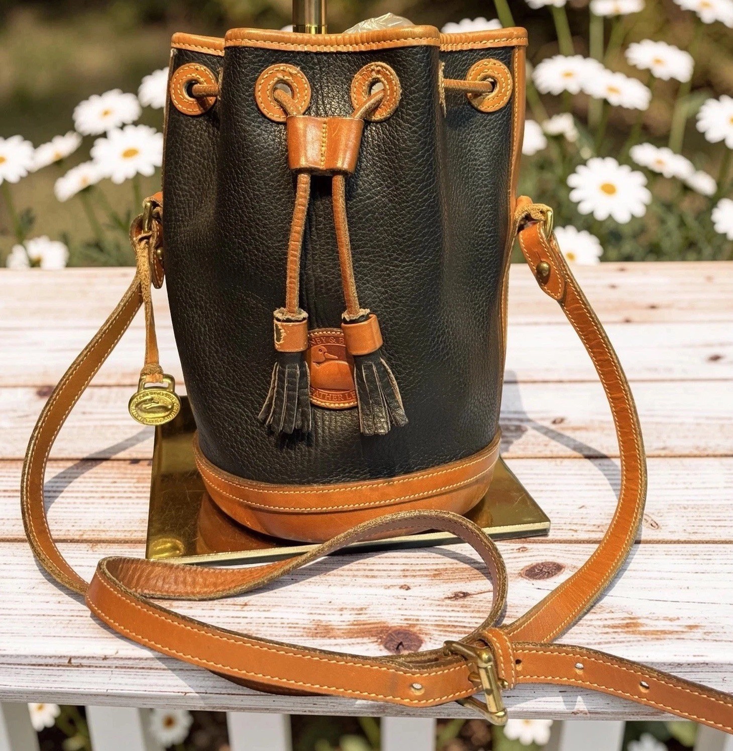 Dooney Bourke Vintage Black Small Drawstring Bucket Shoulder Bag Leather Retro