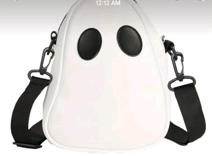Ghost Shaped Crossbody Bag. White Faux Leather, Nylon Strap, Zippered, …