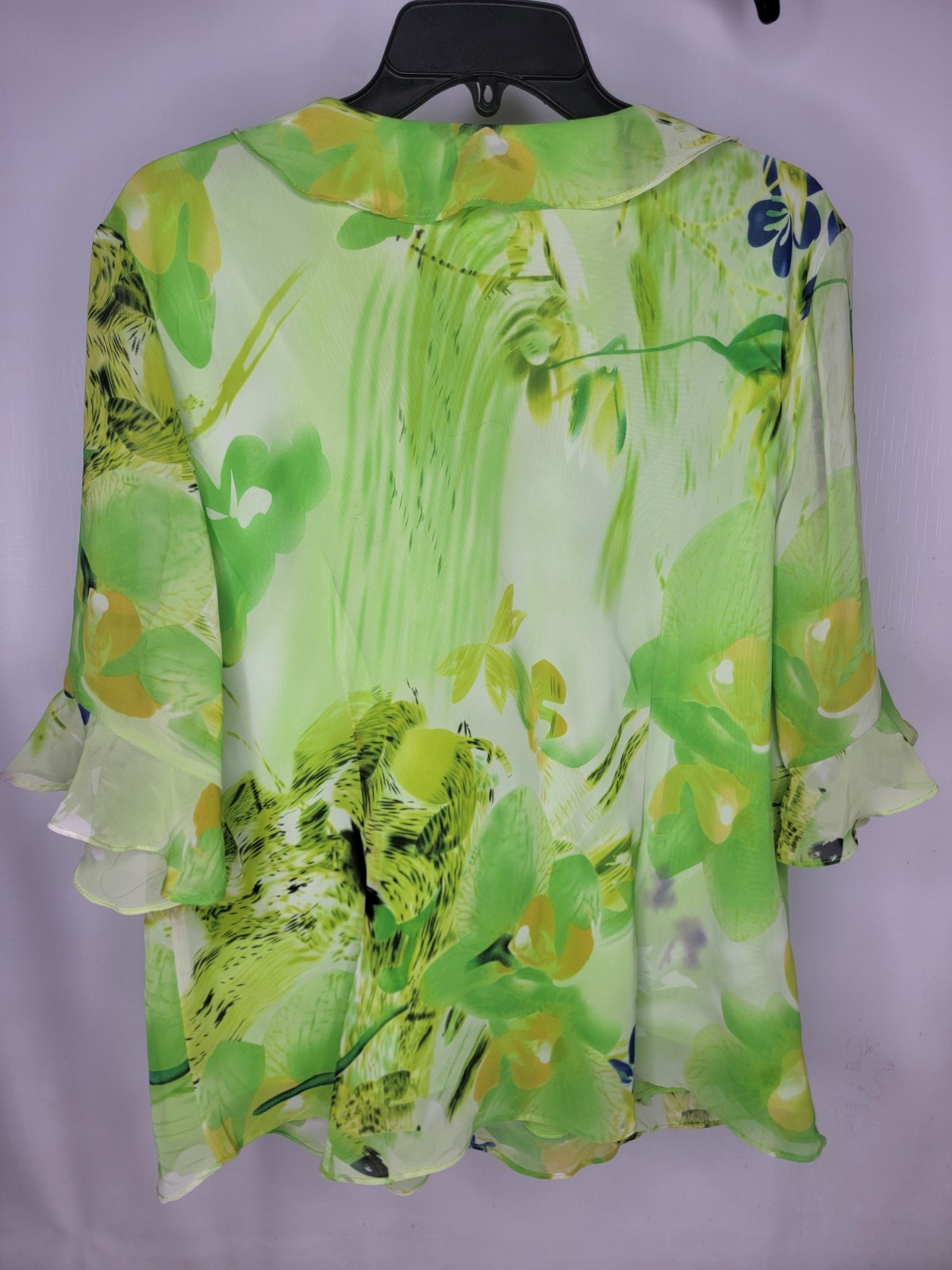 DRESS U II by SHARON Top Size 1X Green Floral Flutter Ruffle 1/2 Sleeve Blouse