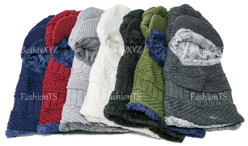 2 in 1 Cable Knit Winter Hat w/ Neck Warmer Mask Brim Beanie Fur Lining Unisex