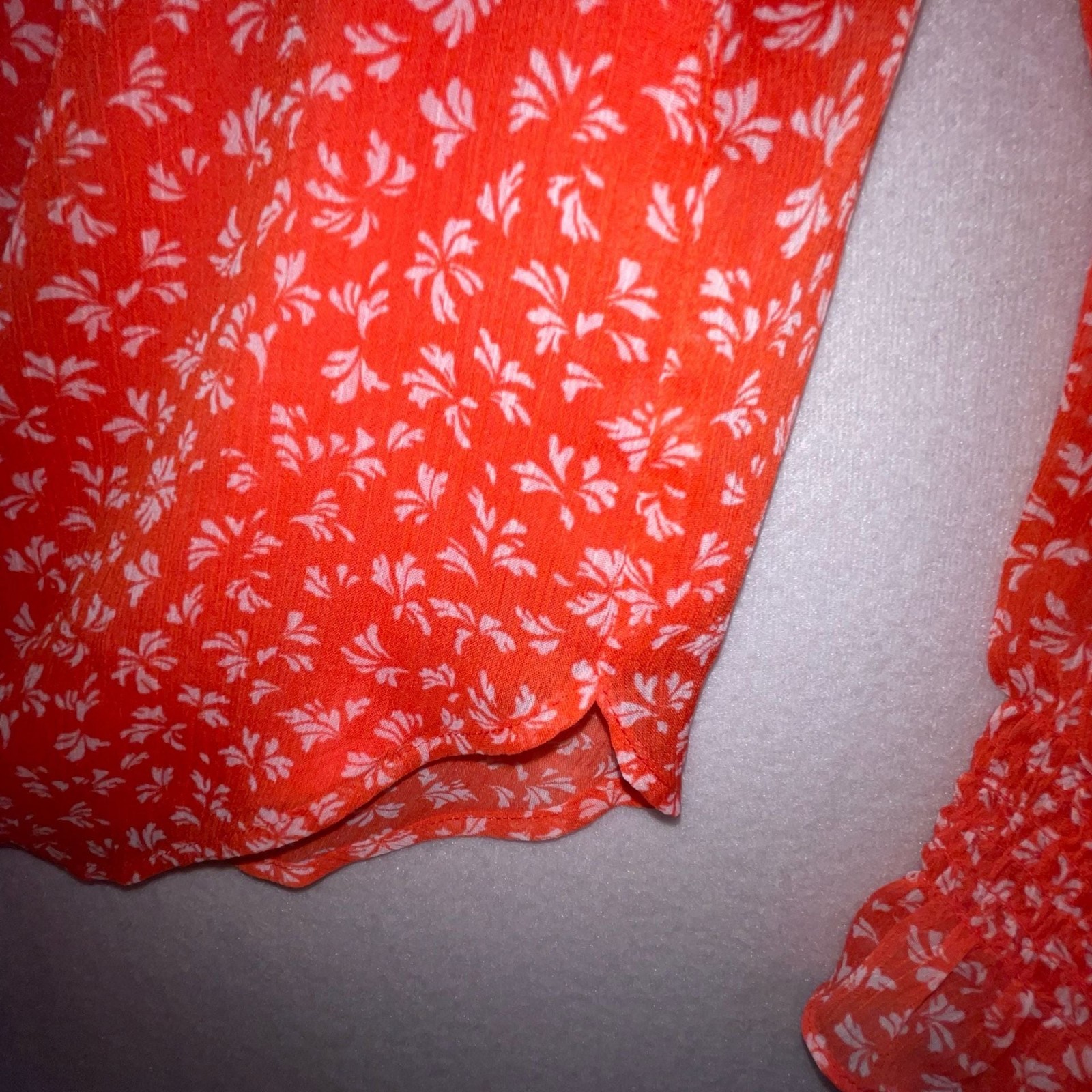 LOFT Orange Floral Ruffle Neck Tie Front Blouse Size M