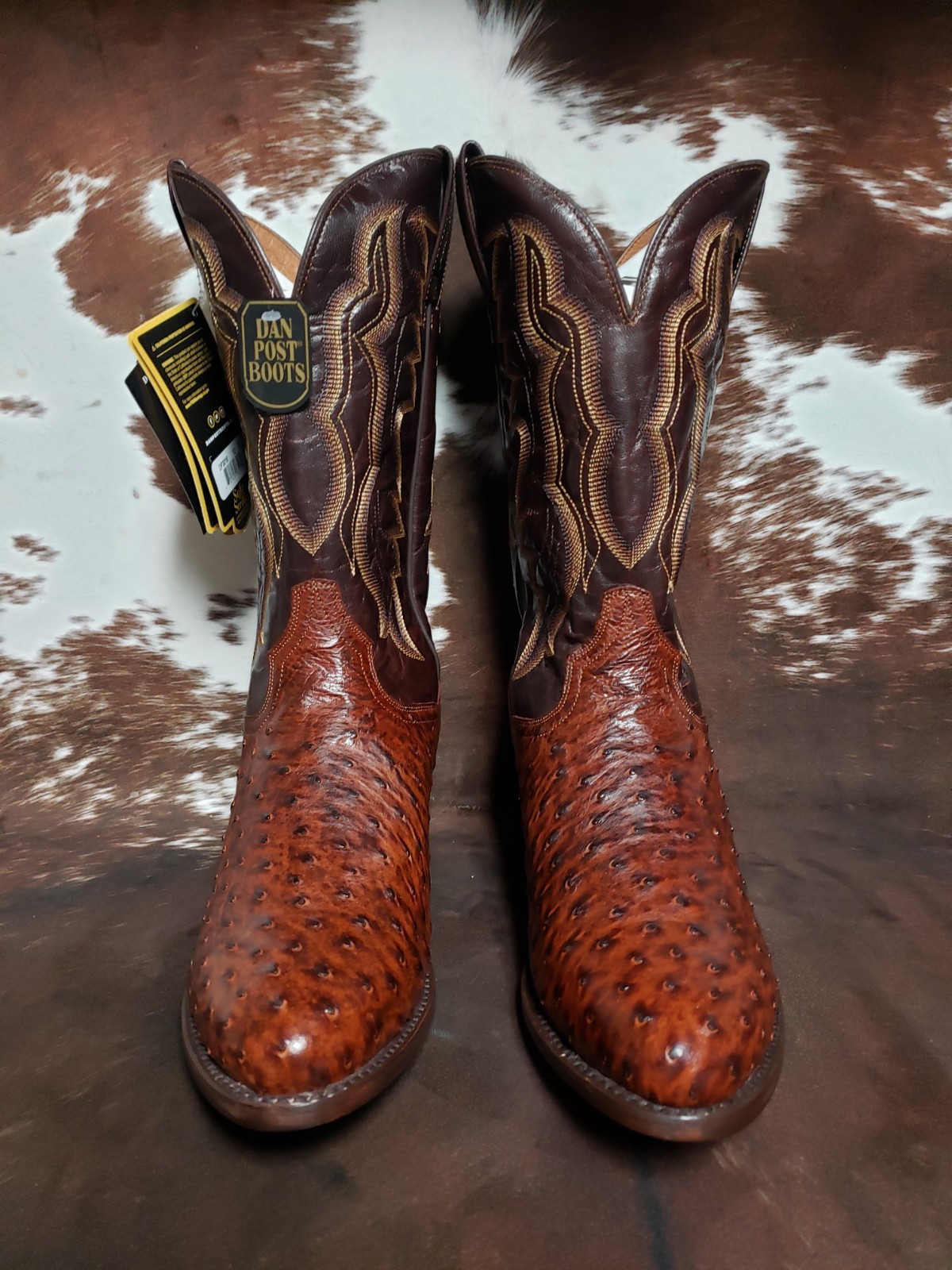 Dan Post Pershing Brass Full Quill Ostrich Western Boots Round Toe Mens Sz 12 D