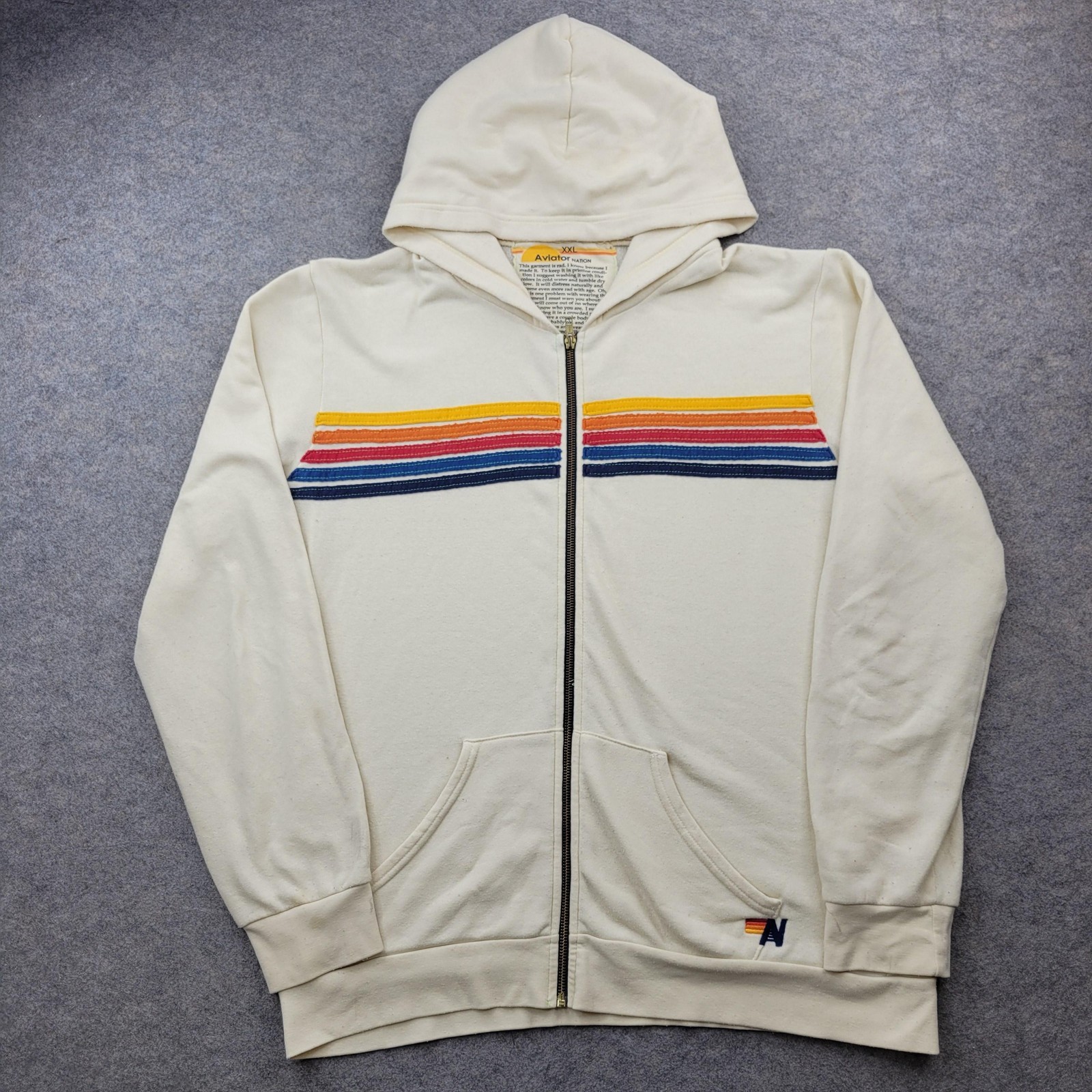 Aviator Nation Hoodie Mens 2XL White Full Zip Fleece Striped Sweatshirt Logo