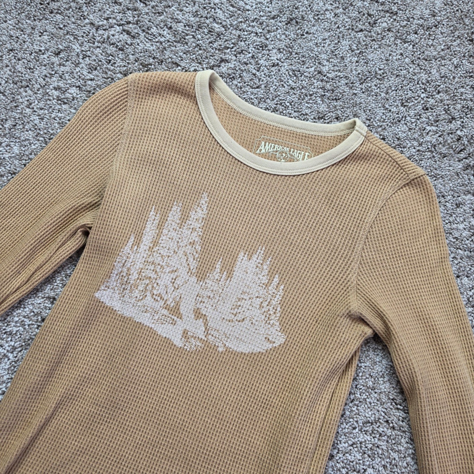 VINTAGE American Eagle Waffle Knit Thermal Top Womens S Tan Forest Ringer Y2K