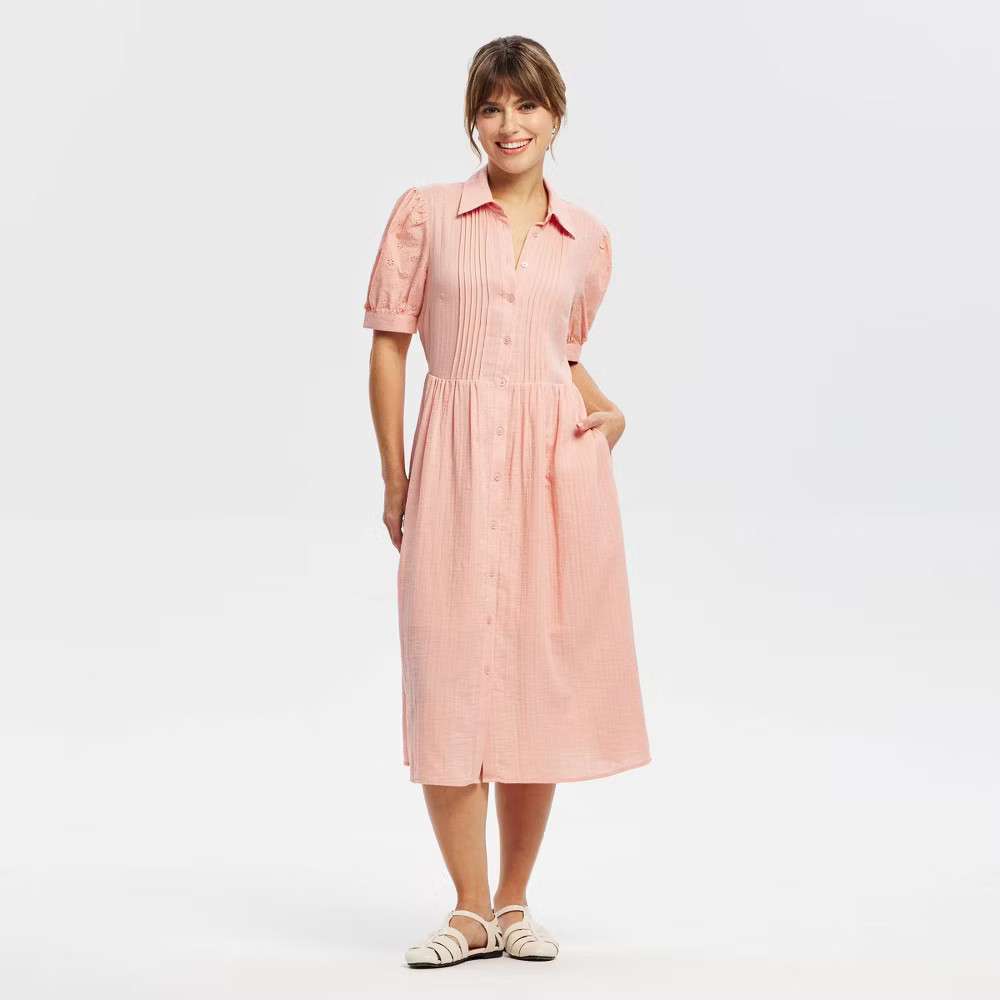 Women Puff Short Sleeve Eyelet Midi Shirtdress – Universal Thread Pink L