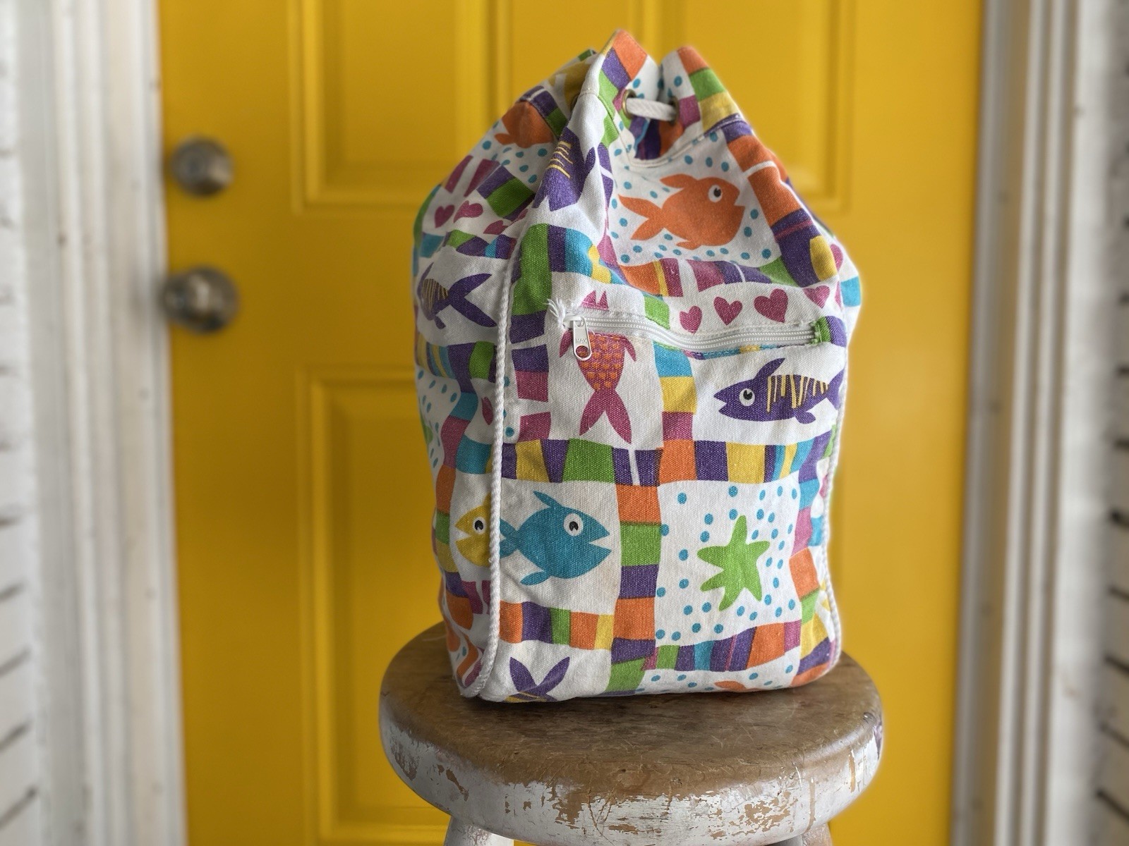 Moni Small Canvas Drawstring Bucket Bag Kids Multicolor Fish Patchwork Pockets