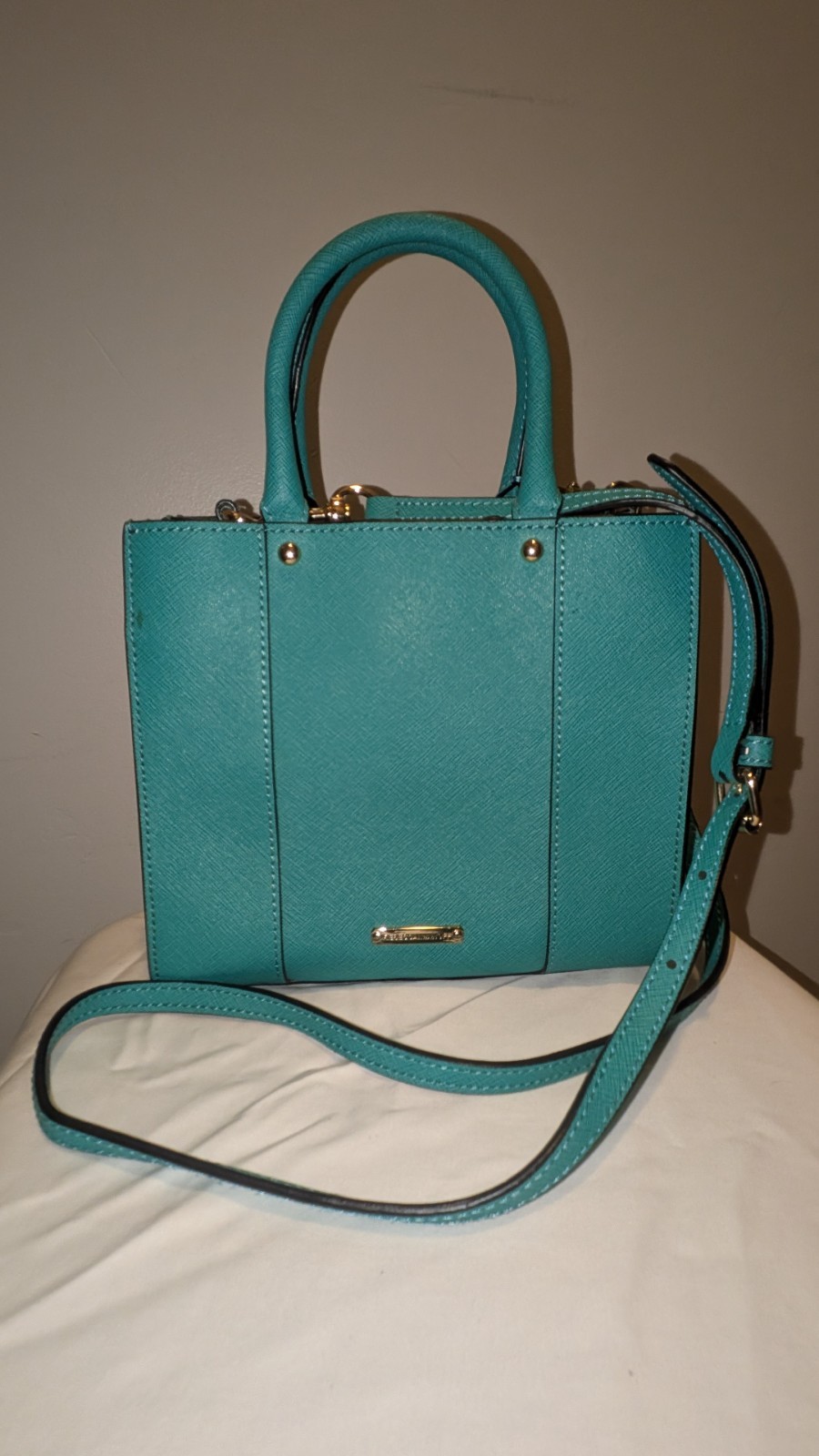 Rebecca Minkoff Mini MAB tote bag teal saffiano leather and gold-tone hardware.