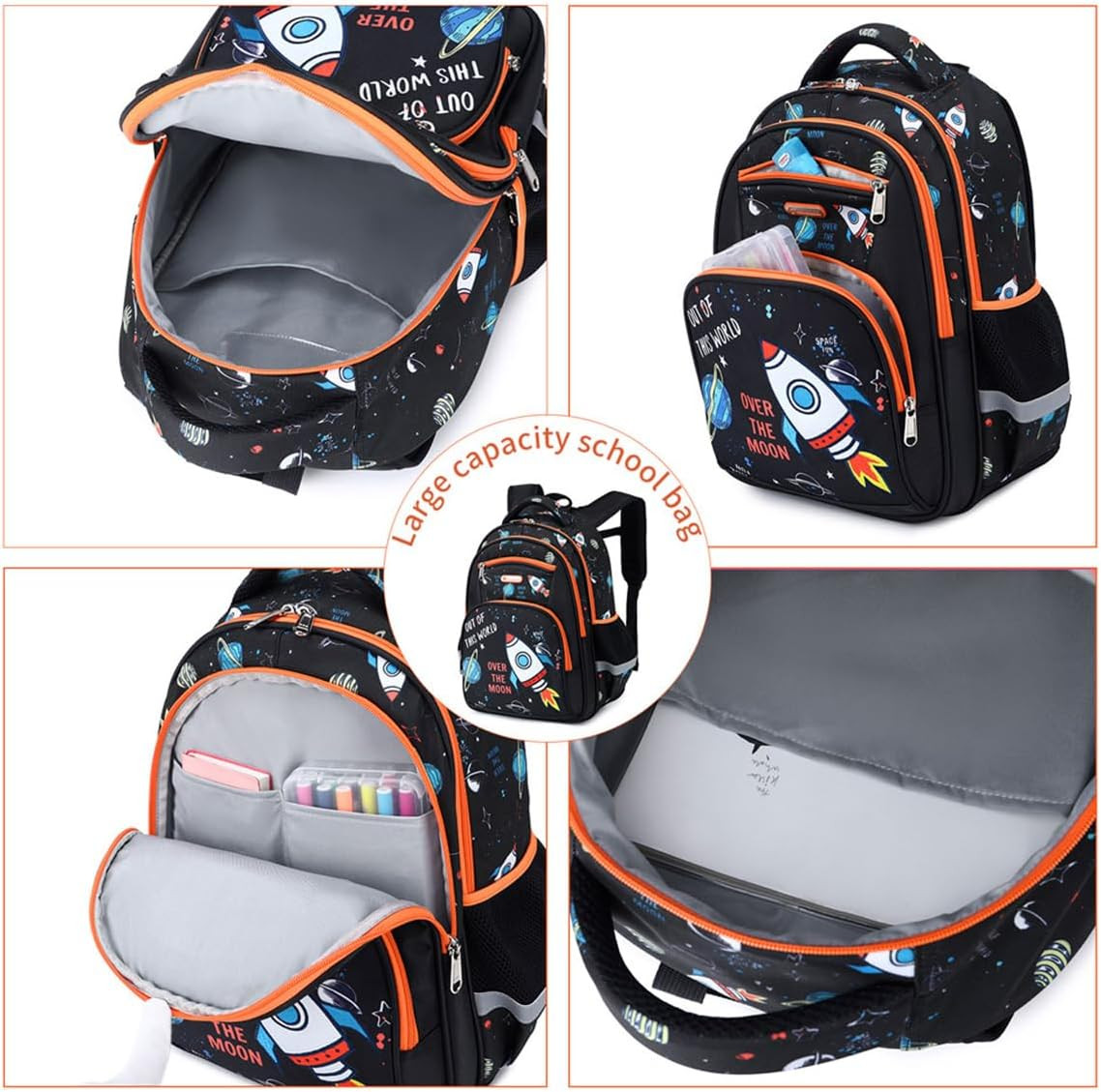 Lightweight Waterproof School Backpack for Kids – Fun Space Prints, 16 Inch