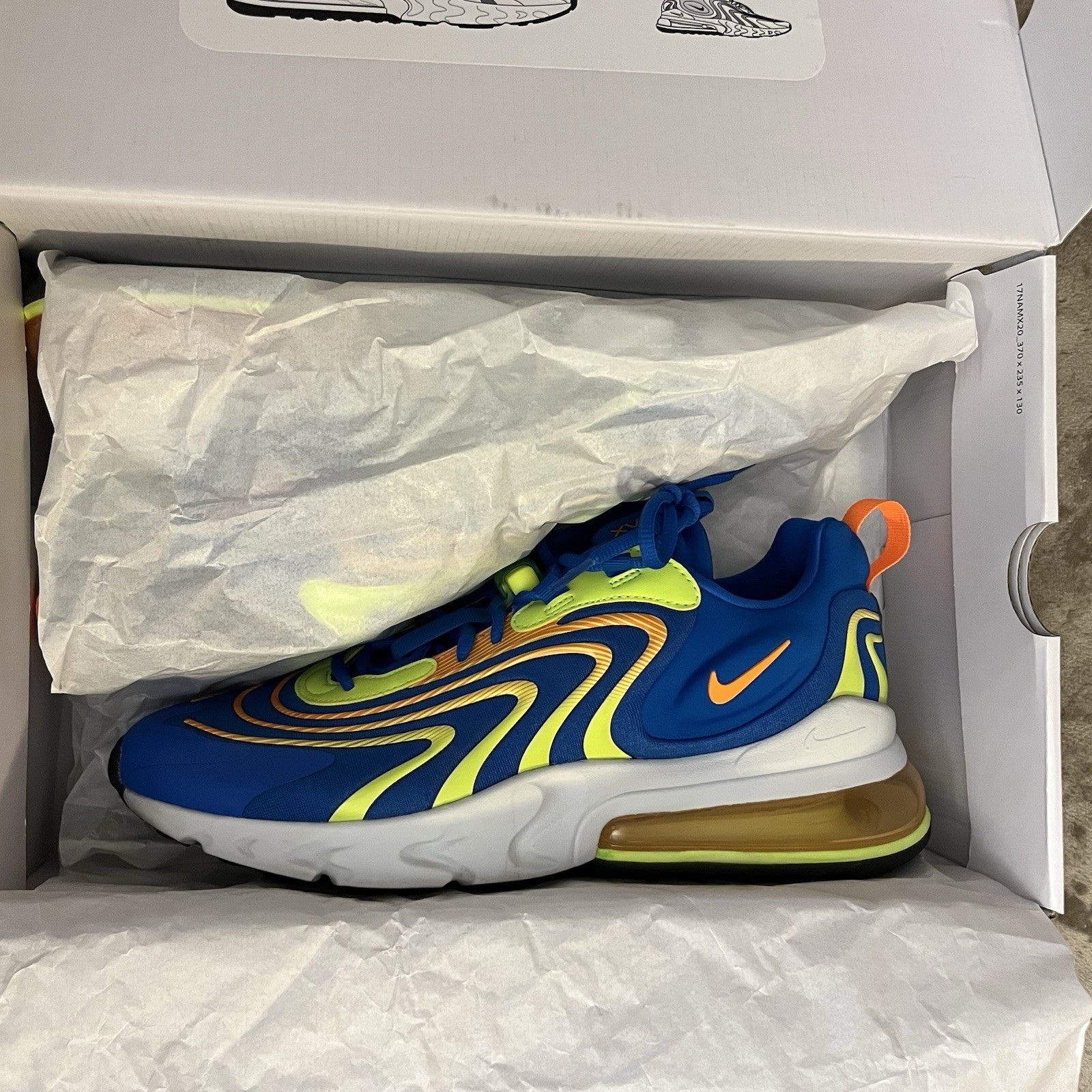 Size 11 – Nike Air Max 270 React ENG Blue w electric yellow & orange