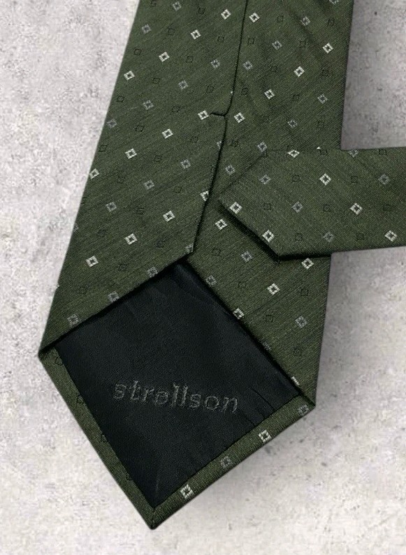 STRELLSON Silk Tie ITALY Green Gray White Geometric W:3.5″ EUC