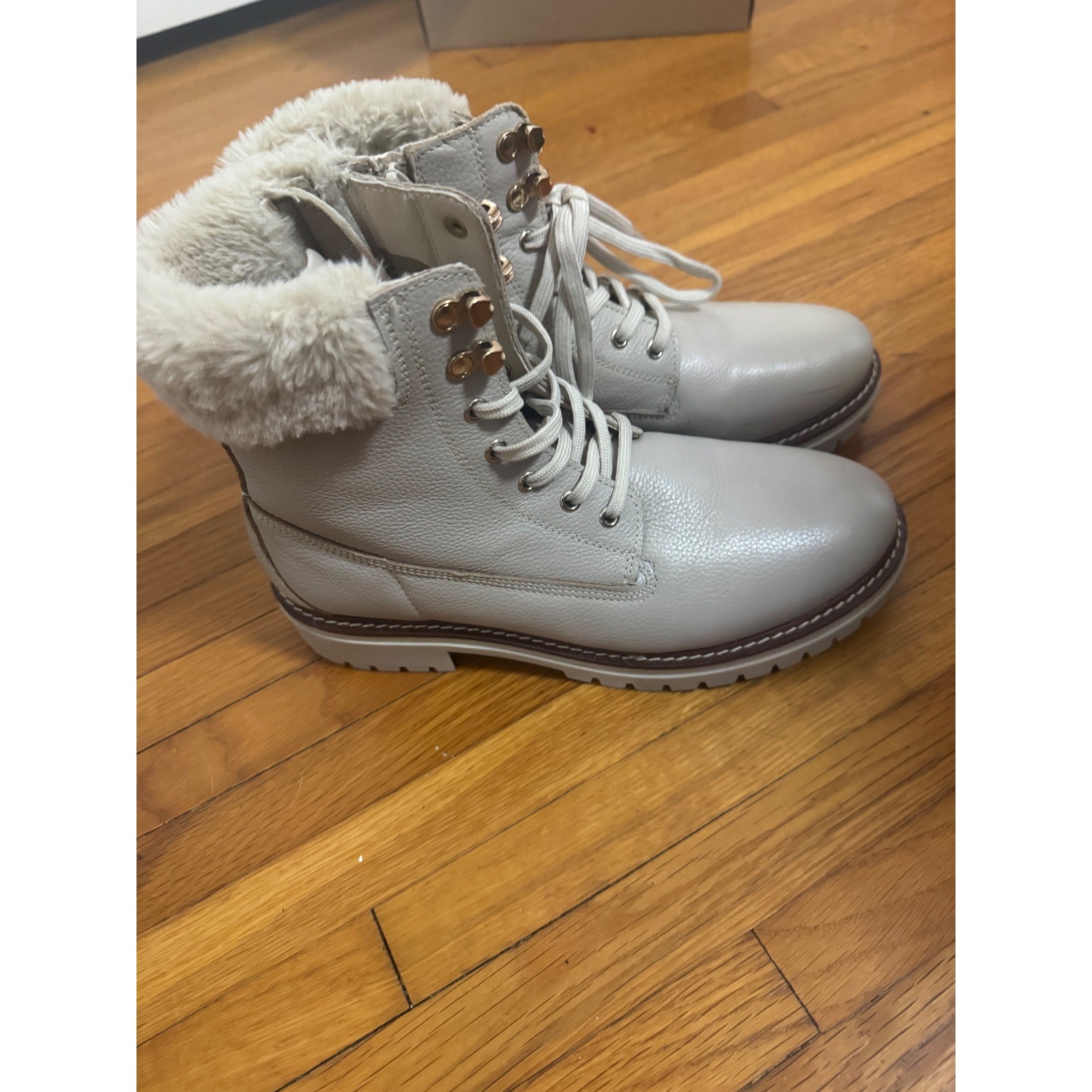 Alberto Torresi Women Light Grey Leather Faux Fur Trim Lace Up Combat Boots 40