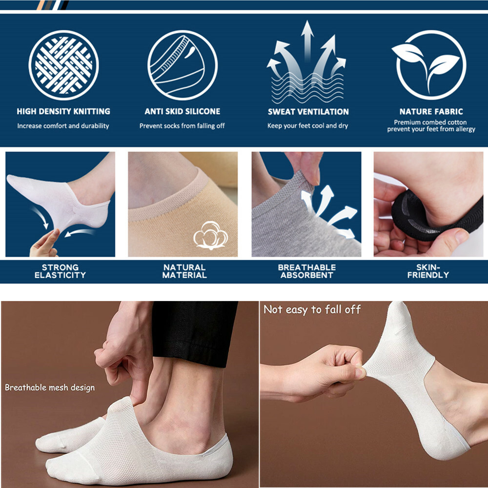 3-12 Pairs Men’s Nonslip No Show Invisible Solid Boat Cotton Low Cut Socks 9-13