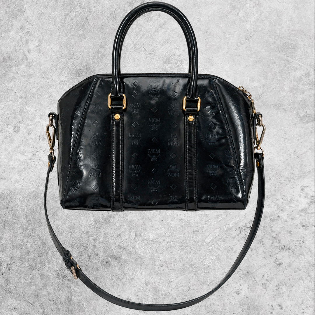 MCM Bag Luxury Black Patent Monogram Satchel Boston Bag Gold Hardware Glossy