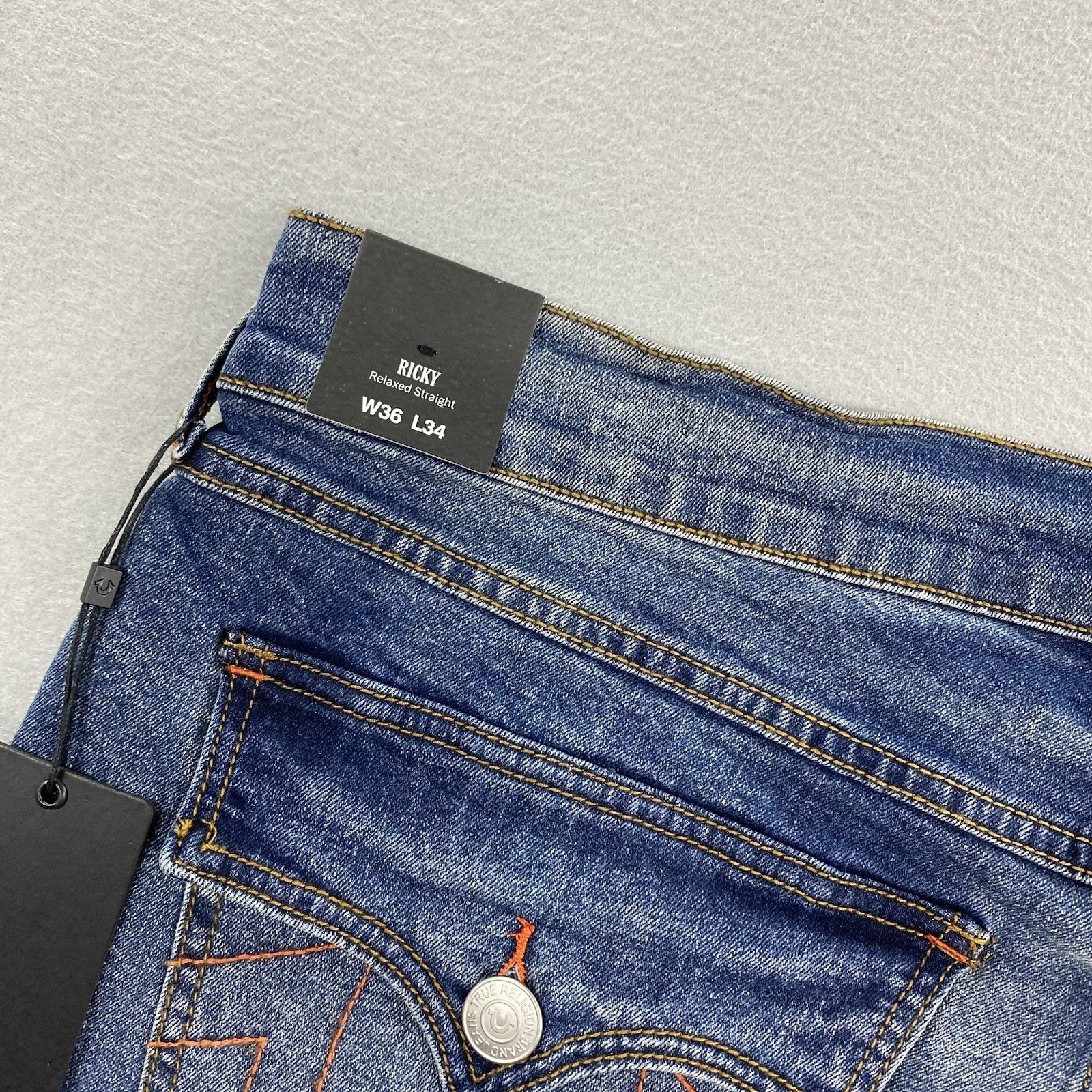 True Religion Jeans Mens 36×34 Blue Denim Ricky Relaxed Straight Flap Pockets