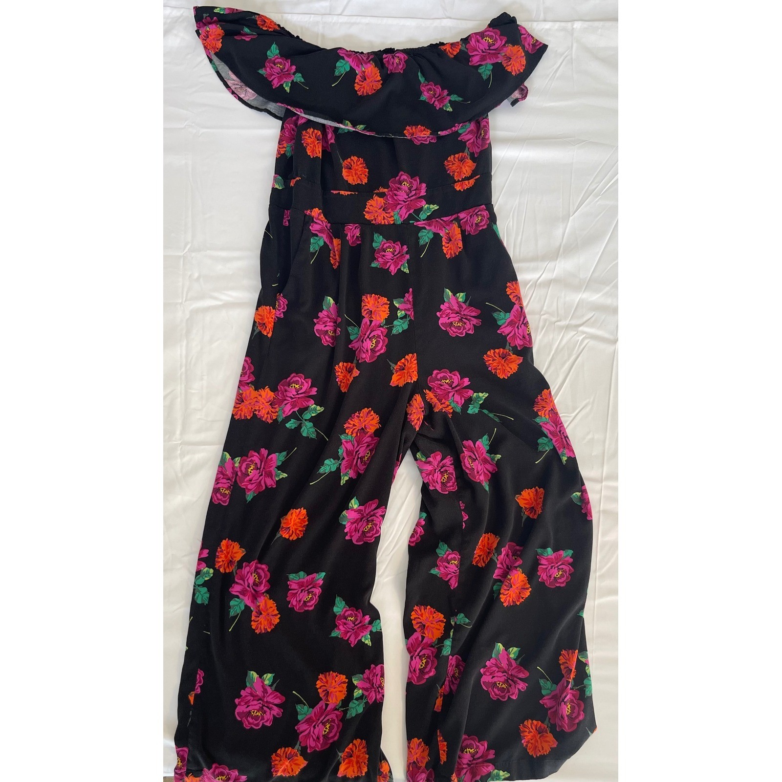 Torrid Floral Off Shoulder Wide Leg Jumpsuit Black Pink Orange Size 0 L 12