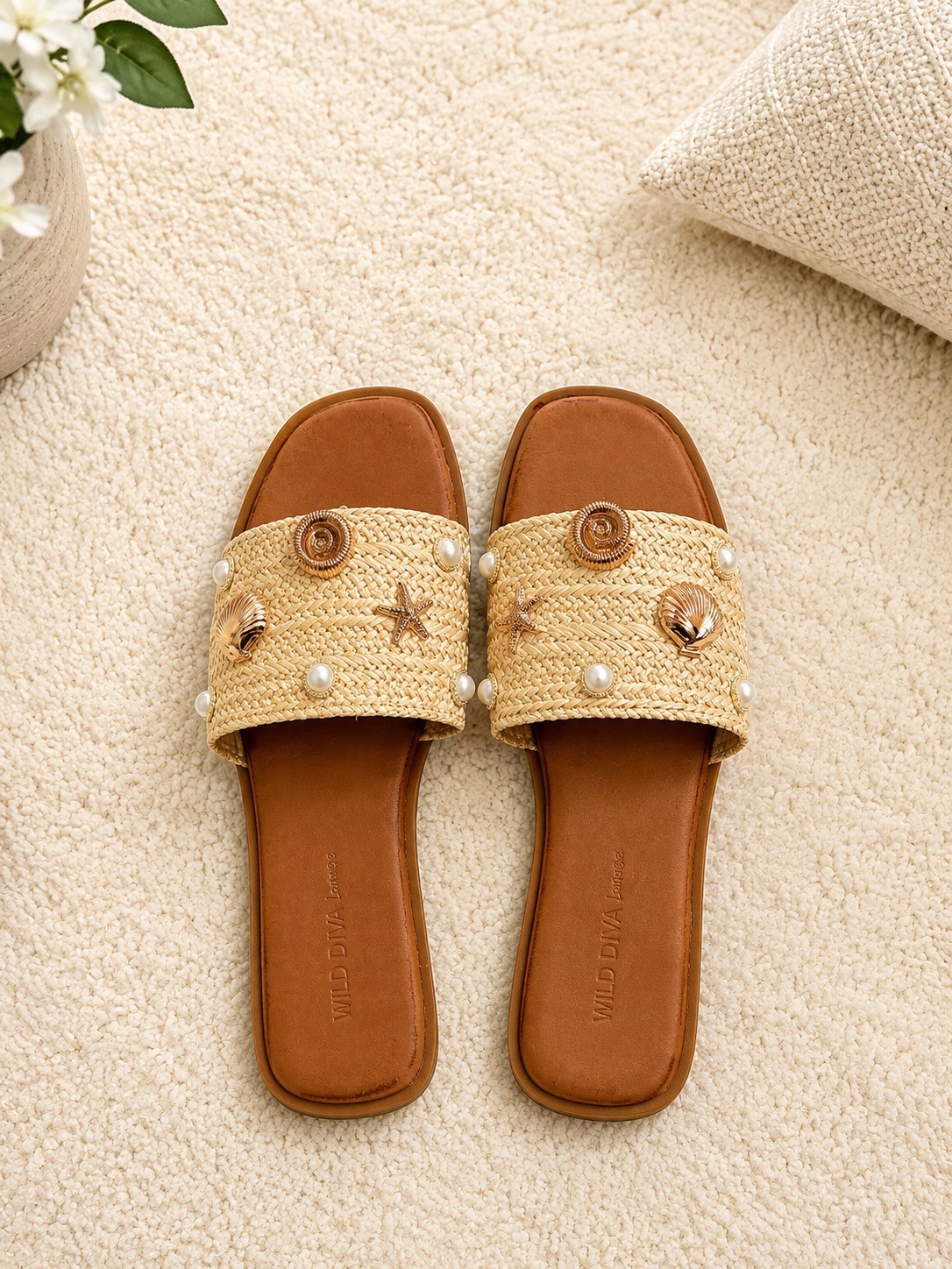 Women’s Beach Slide Pearl Shell Starfish Woven Summer Flat Slip On Shoes.