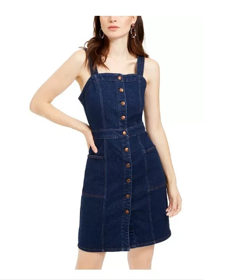 OAT Junior Fitted Button-Front Overall Denim Dress – Dark Blue, Size 0