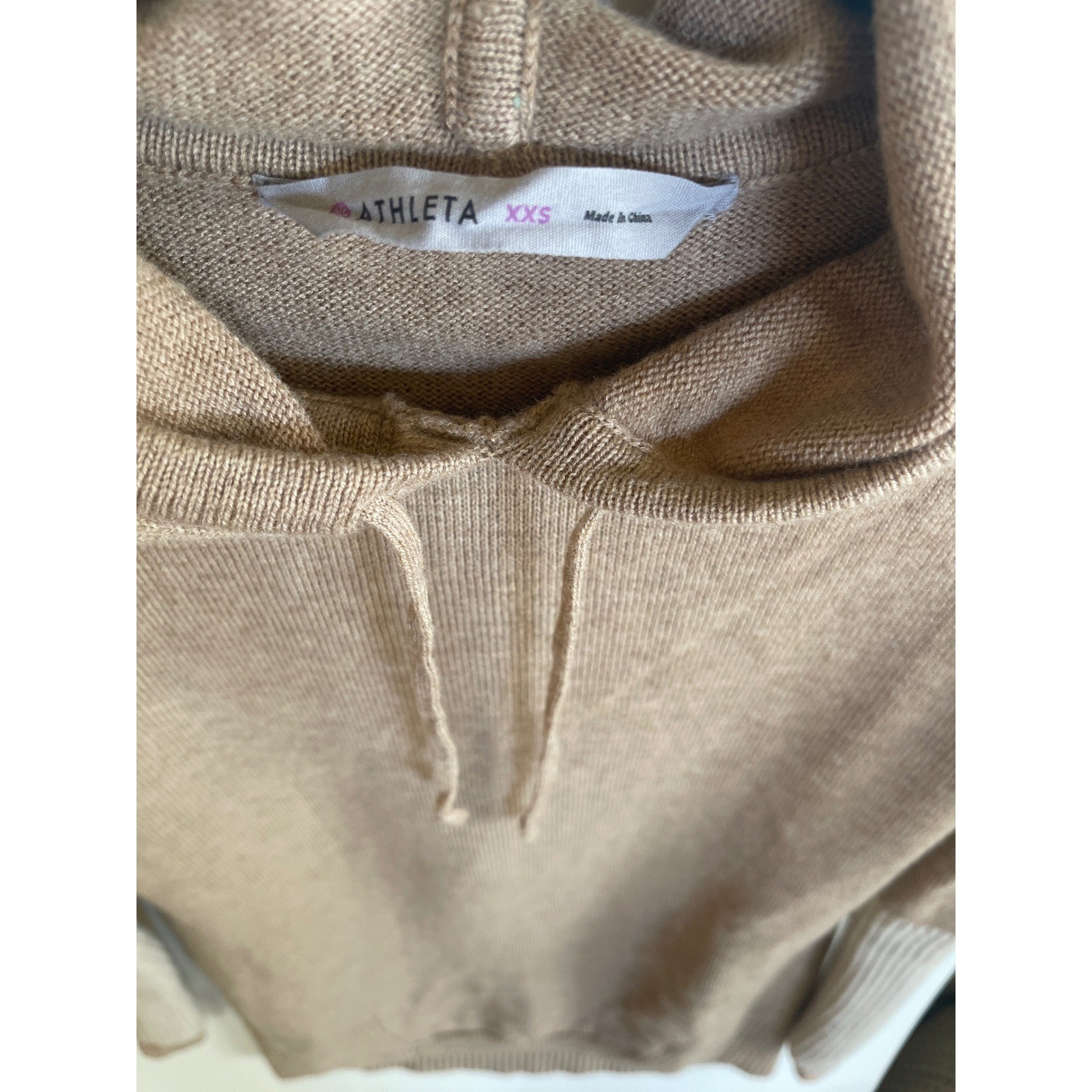 Athleta 100% Wool Sweater Women XXS Hooded Tan Brown Knit Cozy Oversized Top