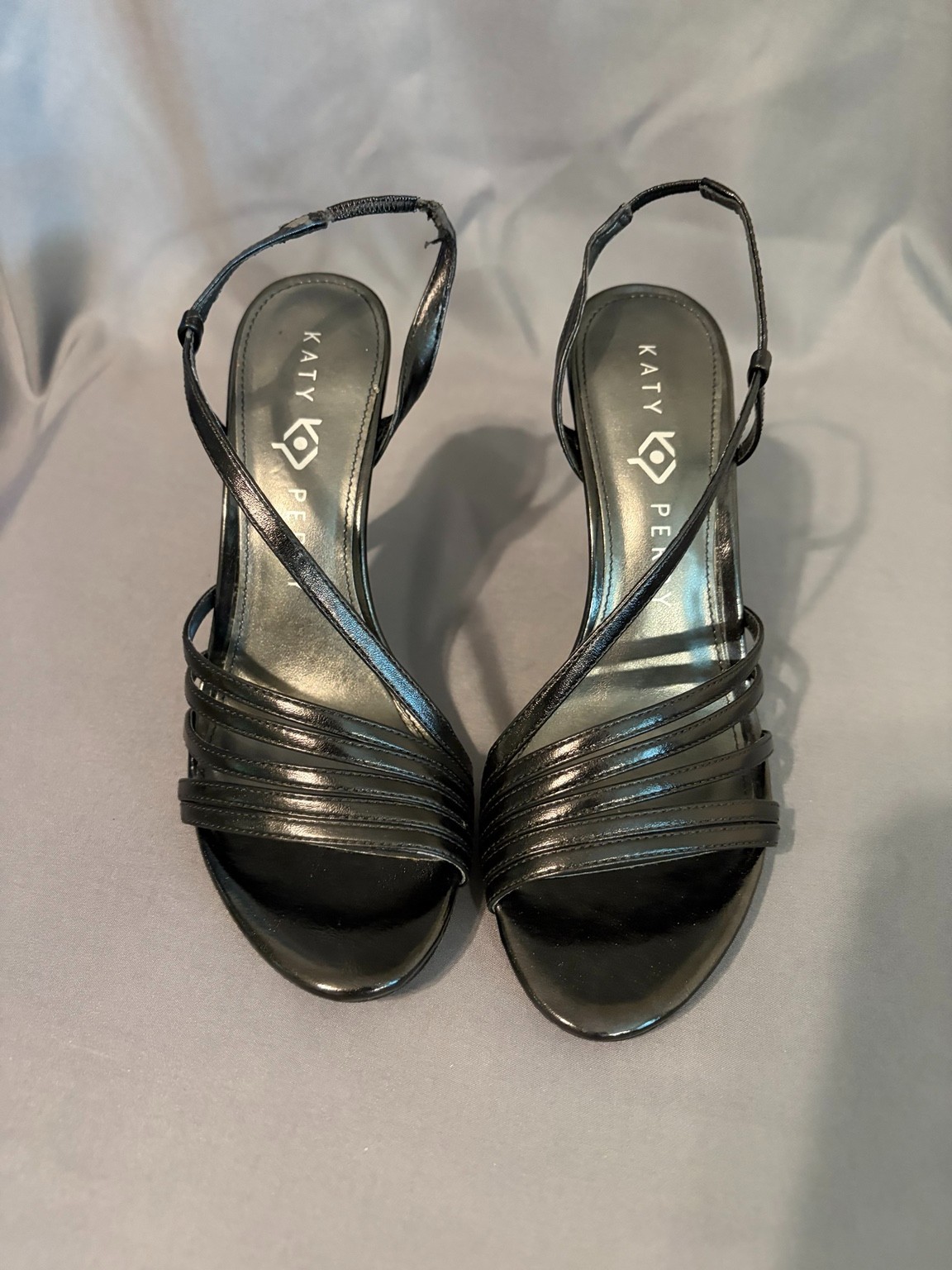 Katy Perry Bryson Black Metallic Strappy Heels 6.5M NIB 4″ Slingback Pumps
