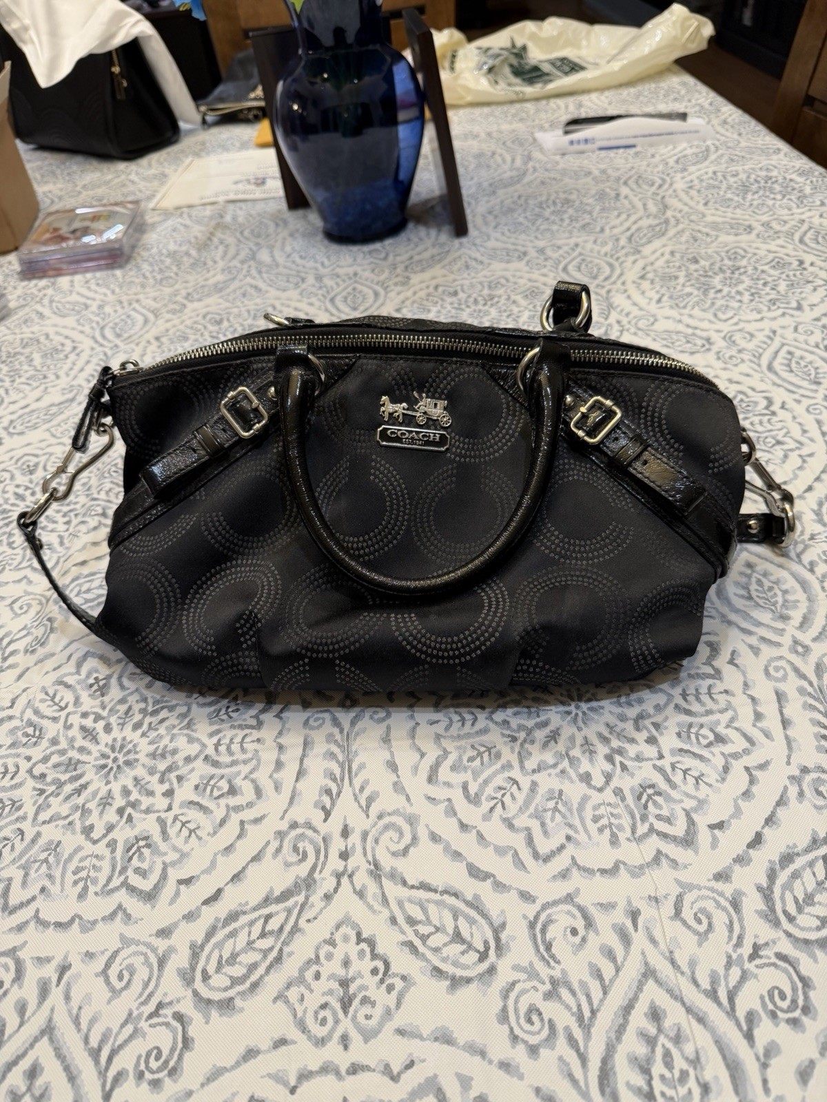 Coach Black Madison Sophia Dotted OP Art Patent Leather Satchel Bag 15935