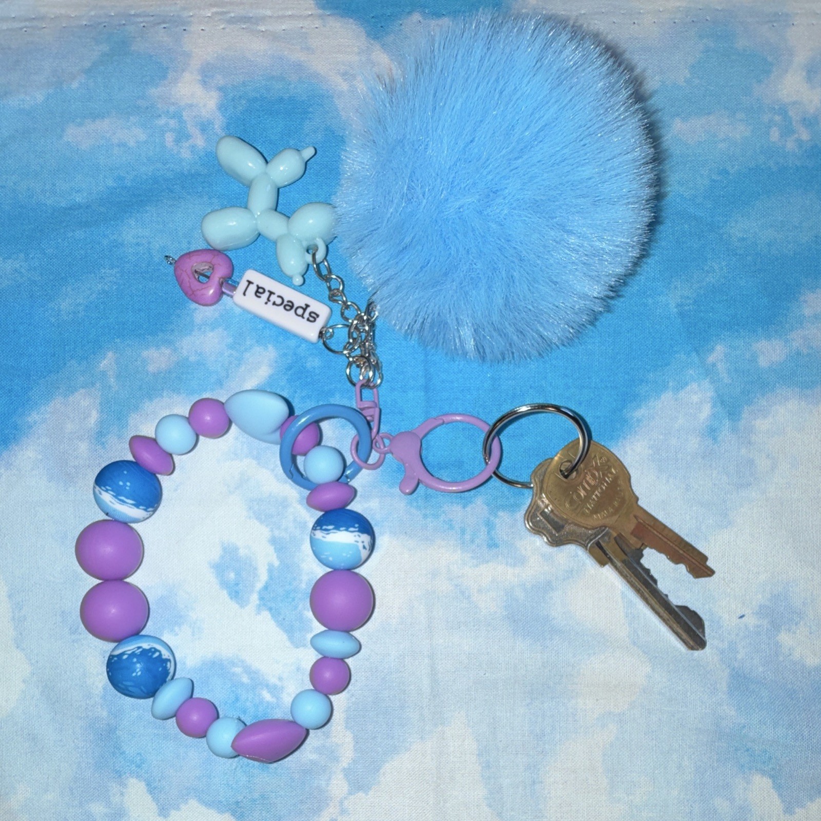 Blue & Purple Beaded Wristlet Key Chain/Bag Charm w/Pom Pom Heart