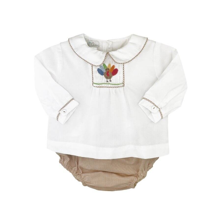 Petit Ami Tan Check Turkey Hand Smocked Boys Diaper Set Newborn 3 6 Months