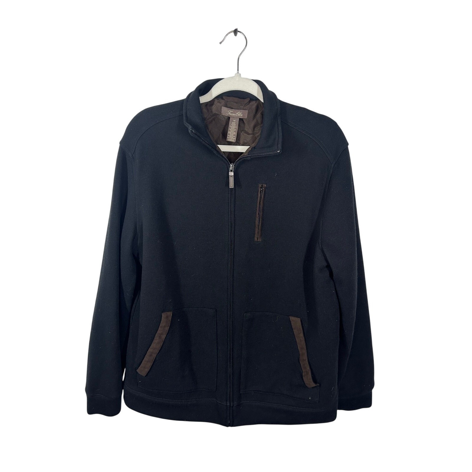 Tasso Elba Men’s Knit Zip Jacket Medium Black Brown Faux Suede Trim Sweater
